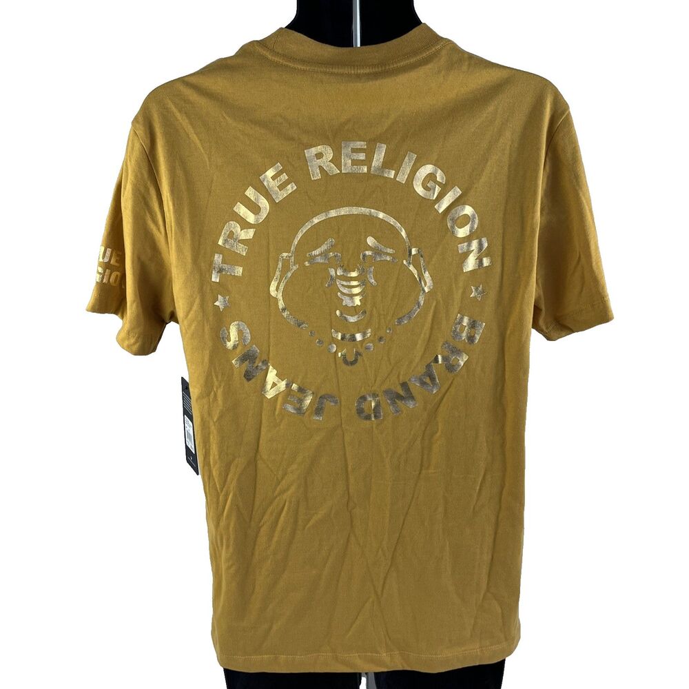 New Mens True Religion Short Sleeve Honey‎ Mustard Gold Foil T-Shirt Sz M NWT